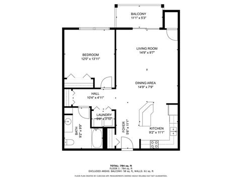 A floor plan of a house with a balcony, laundry area, and a total area of 784 square feet.